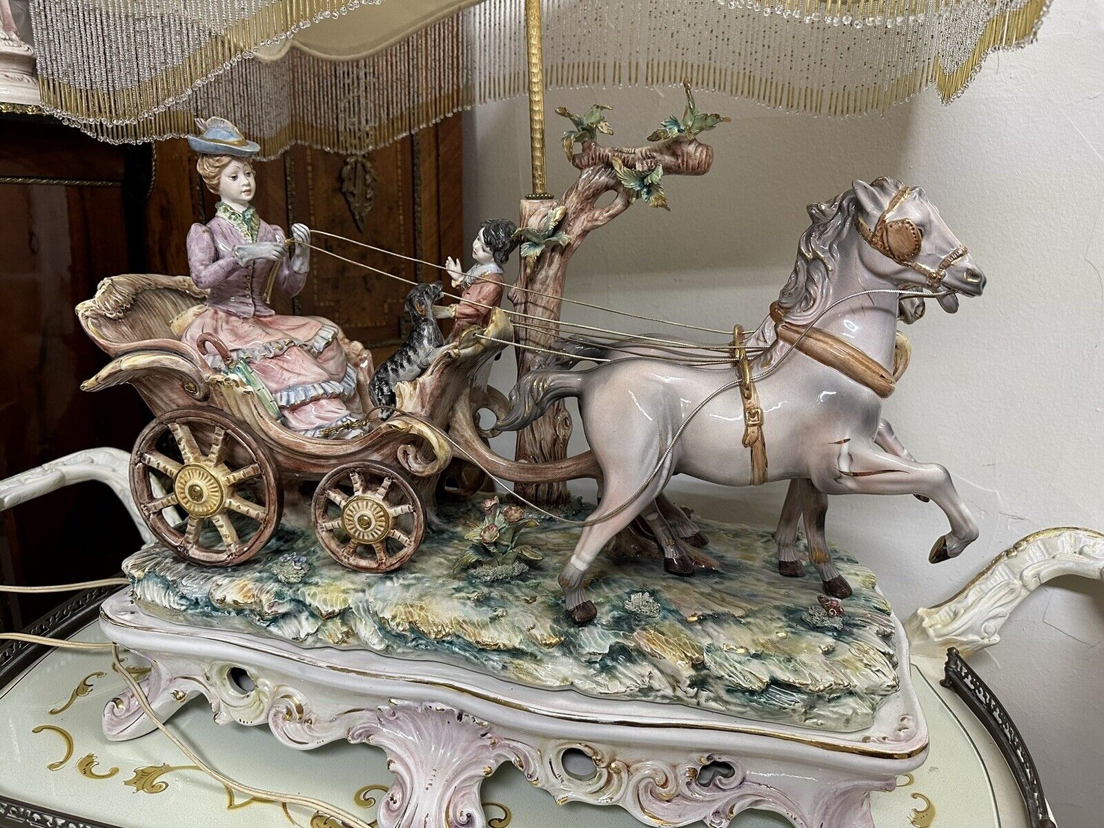 Giant Antiq Capodimonte Lamp Victorian Princess w Footboy Carriage Horses Italy