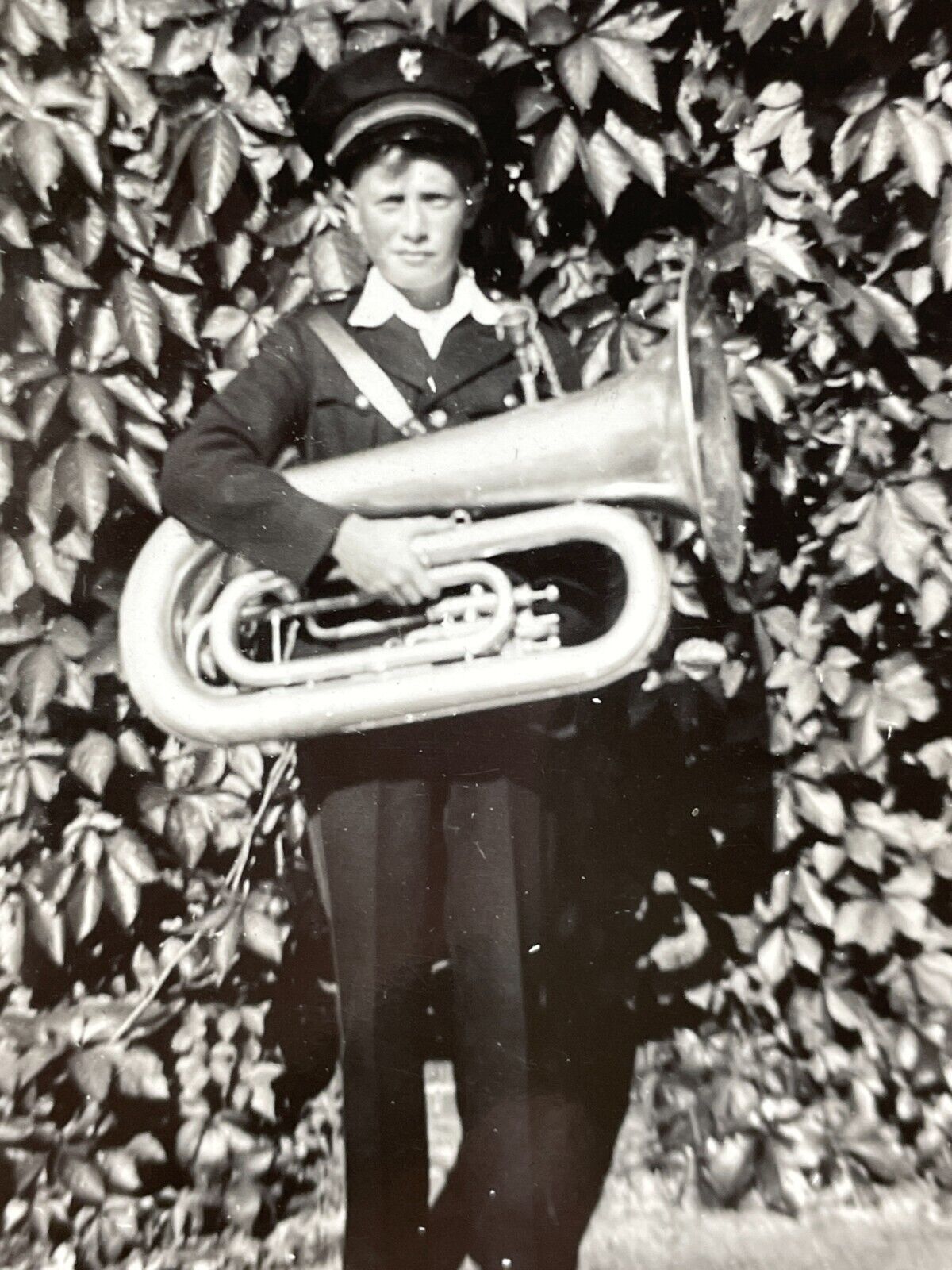 W2 Photograph Young Man Holding Brass Horn 
