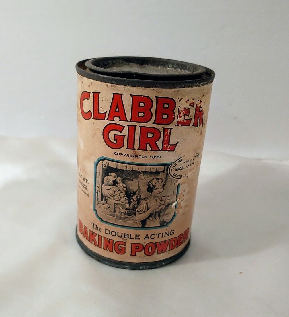 Tin Clabber Girl Double Acting Baking Powder 10 oz Paper Label Vintage 