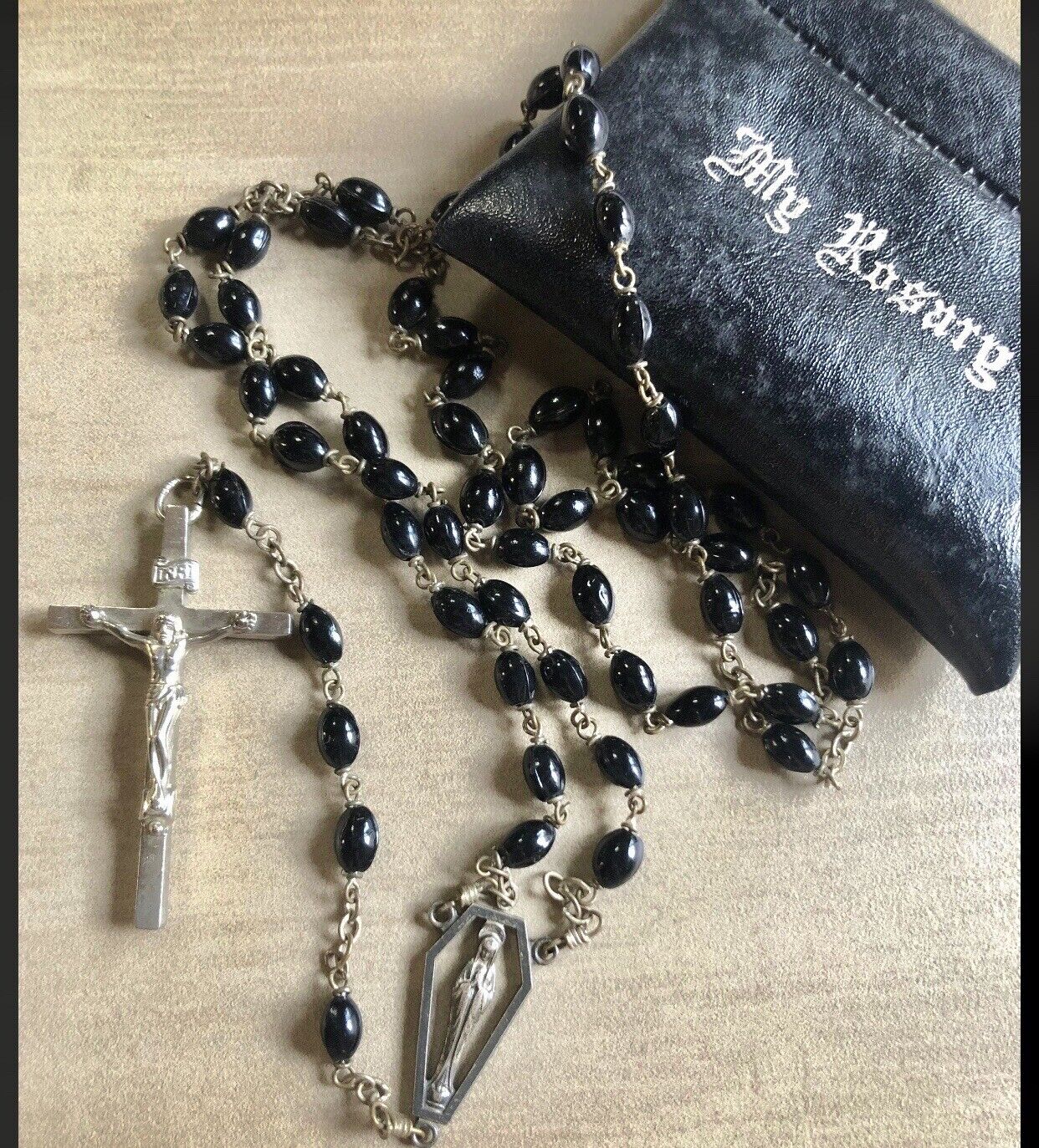 Glass and Sterling Antique Rosary with Case