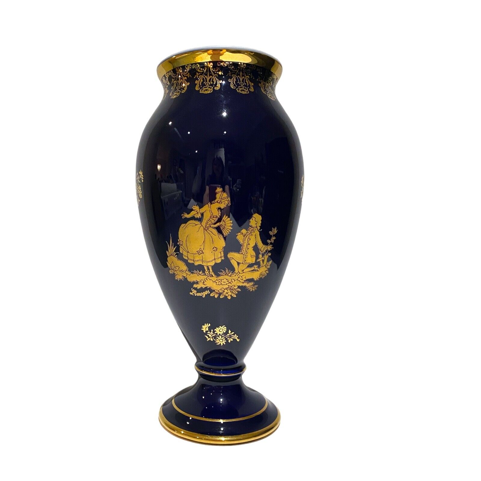 Vintage Limoges France Cobalt Blue and Gold Courting Couple Vase 9.9\