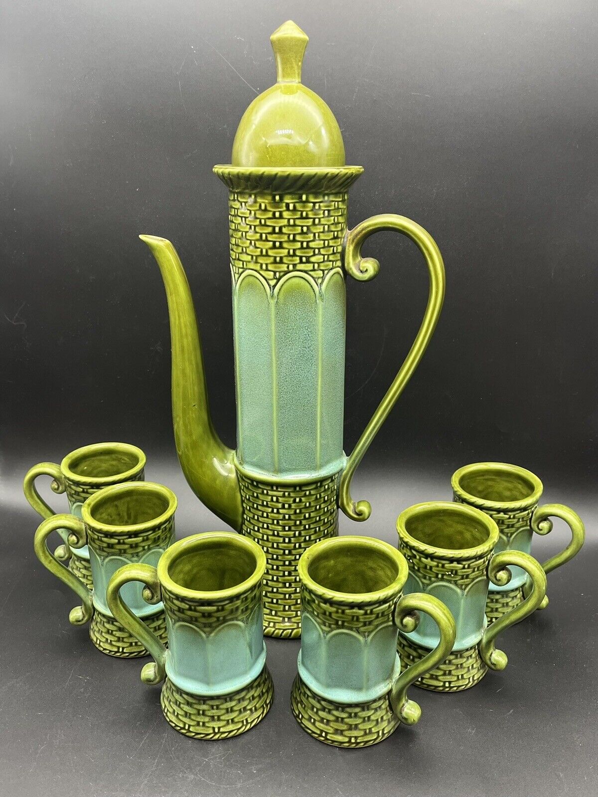 Vintage Japan Ceramic Medieval Castle Keep Tea Pot & 6 Mugs Cups Chartreuse Teal