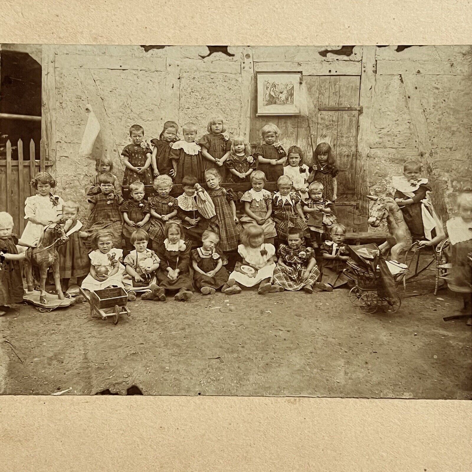 Antique Cabinet Card Photograph School Children Orphanage Toys Pull Horse