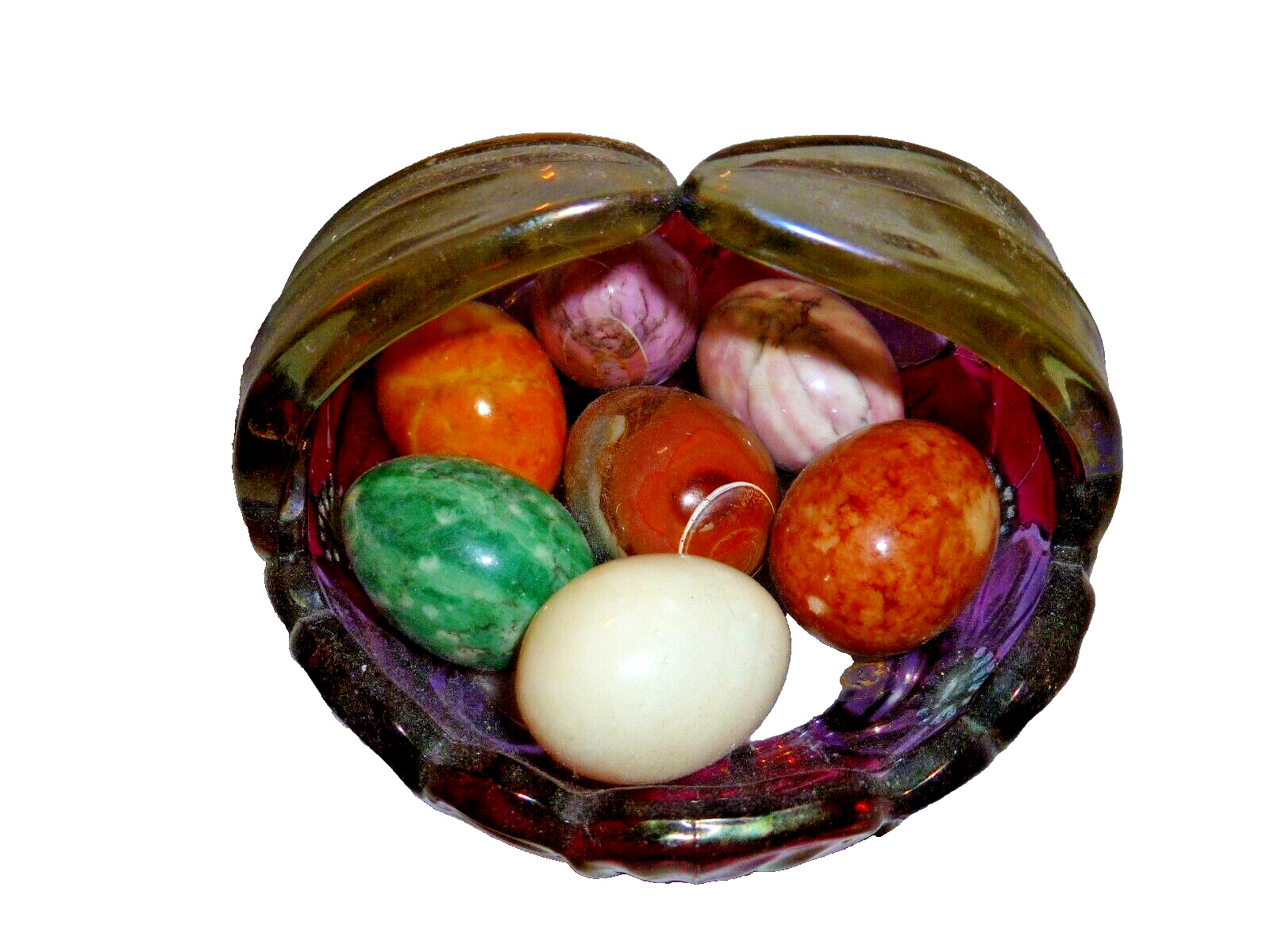 Polished Alabaster/Marble Eggs Vibrant Colors Set of 7 Vintage & Basket