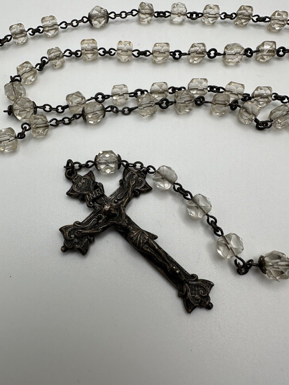 Vintage Sterling Silver Crystal Creed Ornate Cross Rosary 32” Loop