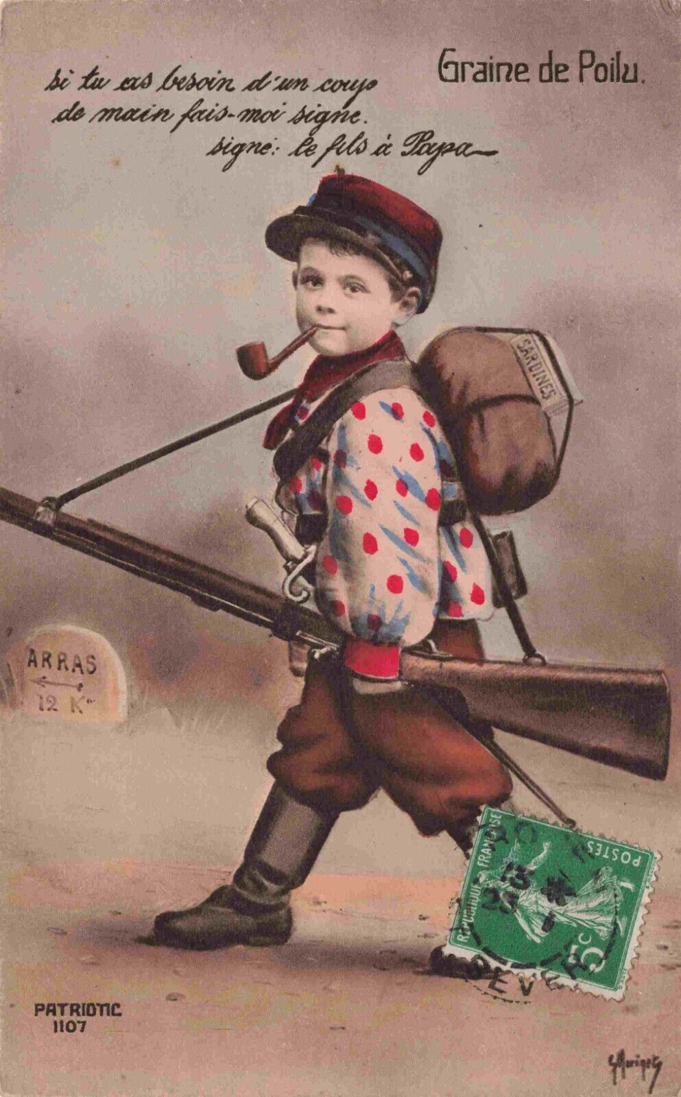 WWI Daddy\'s Boy Child with Gun & Pipe Helps in War Artist Morinets Postcard