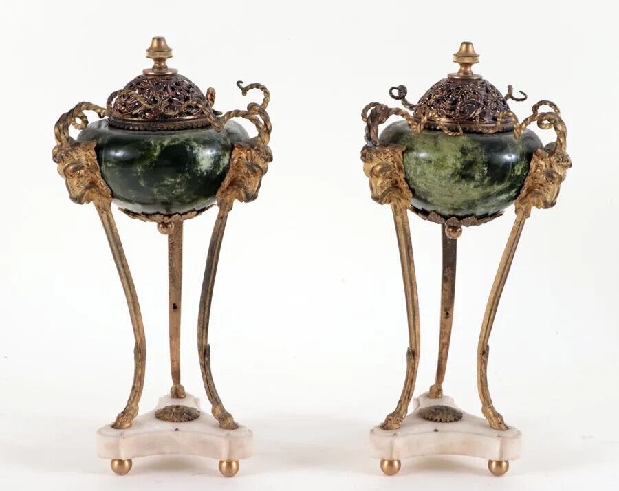 Antique Urns, Green Marble, French Empire Style, Bronze and Marble, Pair, 1900\'s