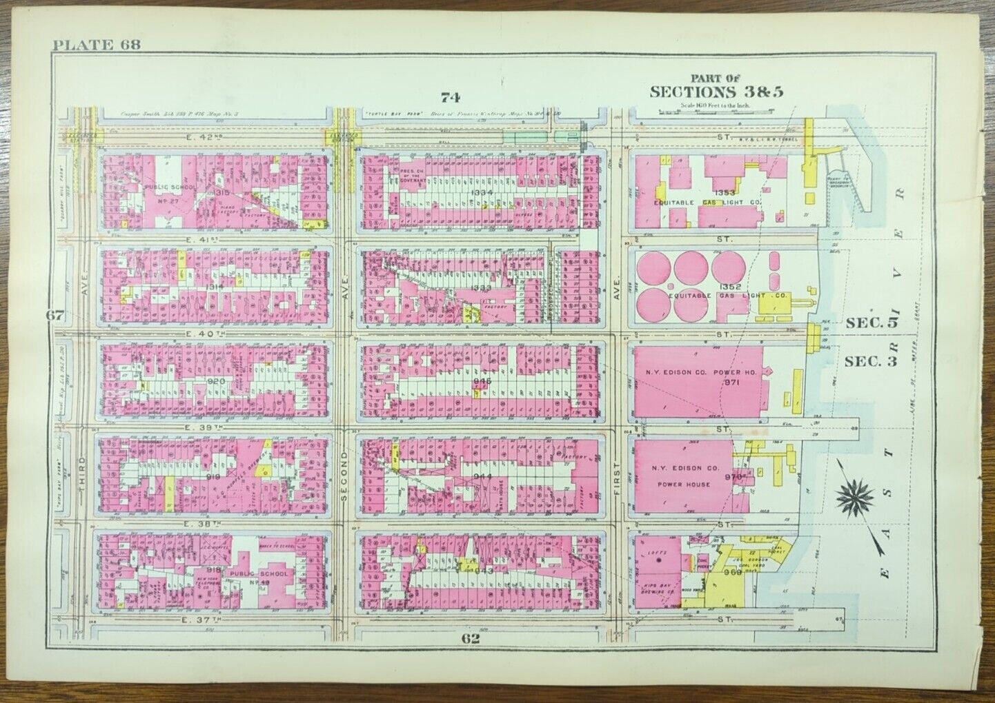 Antique 1916 MURRAY HILL TUDOR CITY MANHATTAN NEW YORK CITY NY Map ~ GW BROMLEY