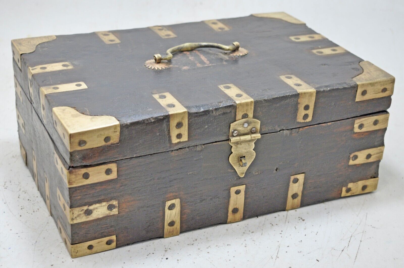 Antique Wooden Storage Chest Box Original Old Hand Crafted Fine Brass Fittings