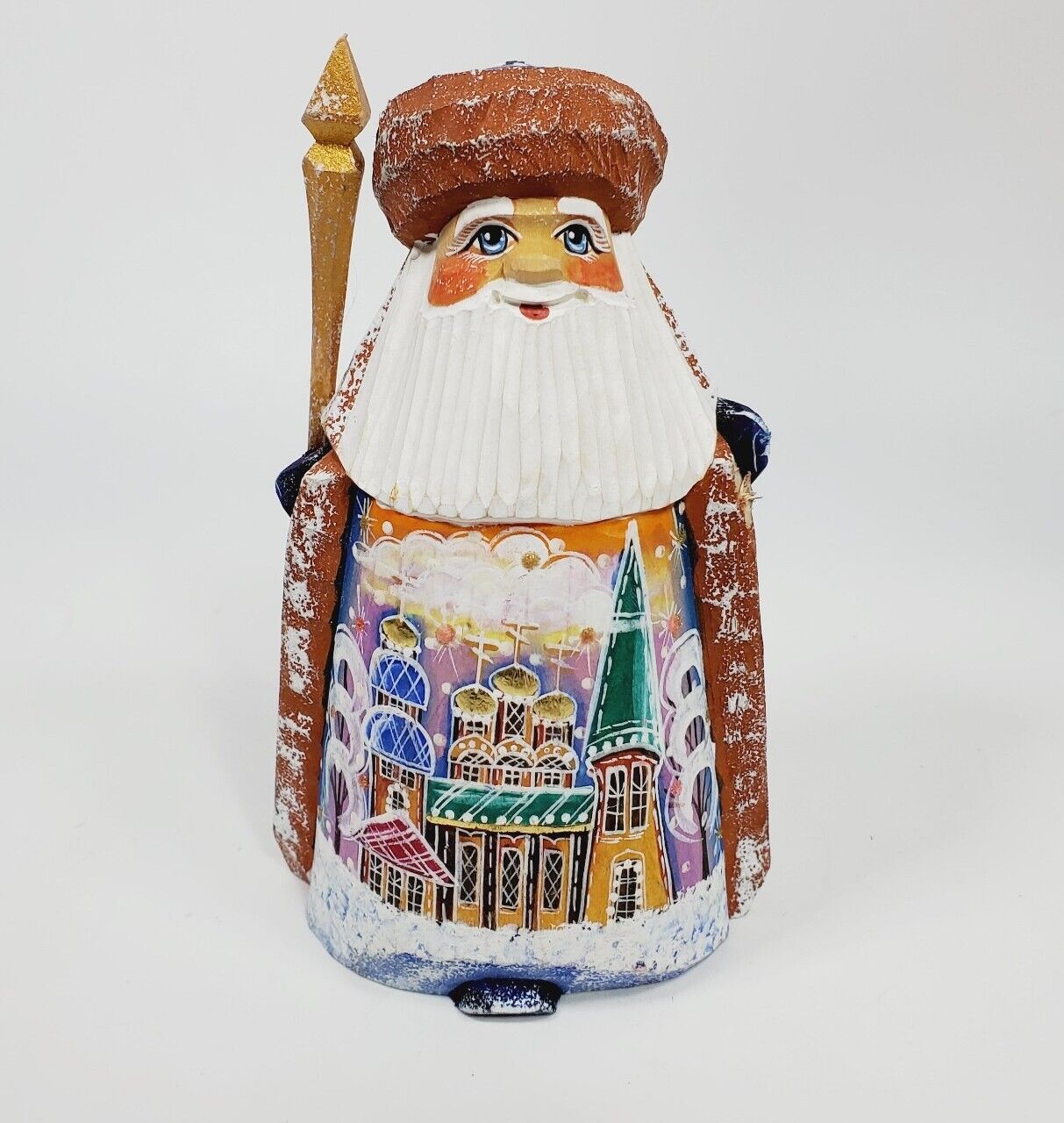 Russian Carved Handpainted Wooden Santa with Russian Church