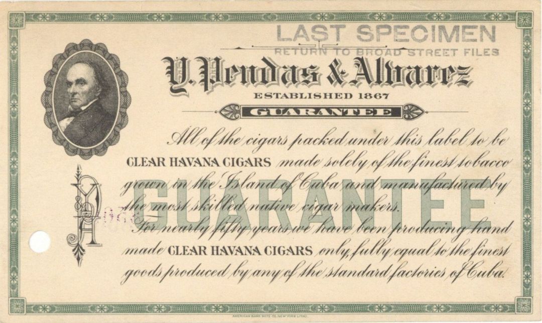 Y. Pendas and Alvarez Cigar Label - American Bank Note Specimen - American Bank 