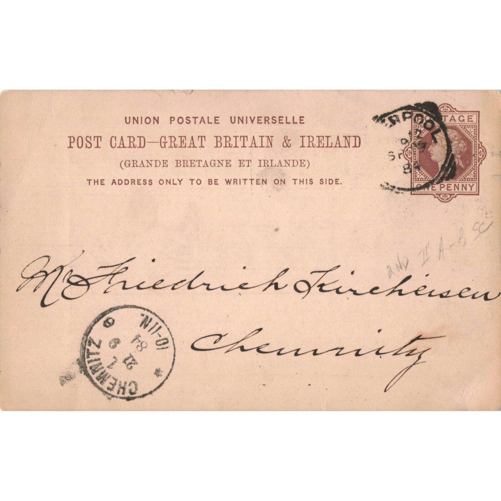 c.1884 Union Postal Card Great Britain & Ireland Thos. Meadows & Co. / 2T7-208