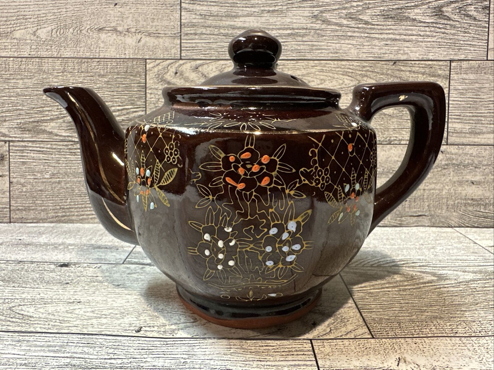 Brown Porcelain Teapot Hand Painted Floral Gold Trim 6.25x4.5” Japan Vintage