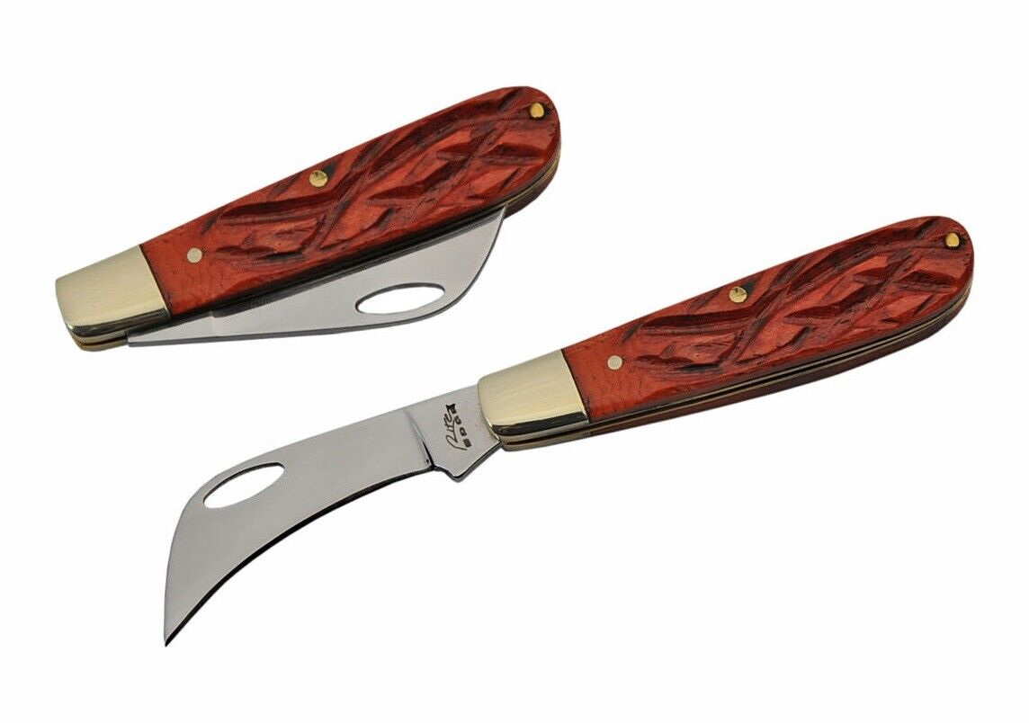Rite Edge Hawkbill Pruning Folding Knife - Red Bone Handles NEW