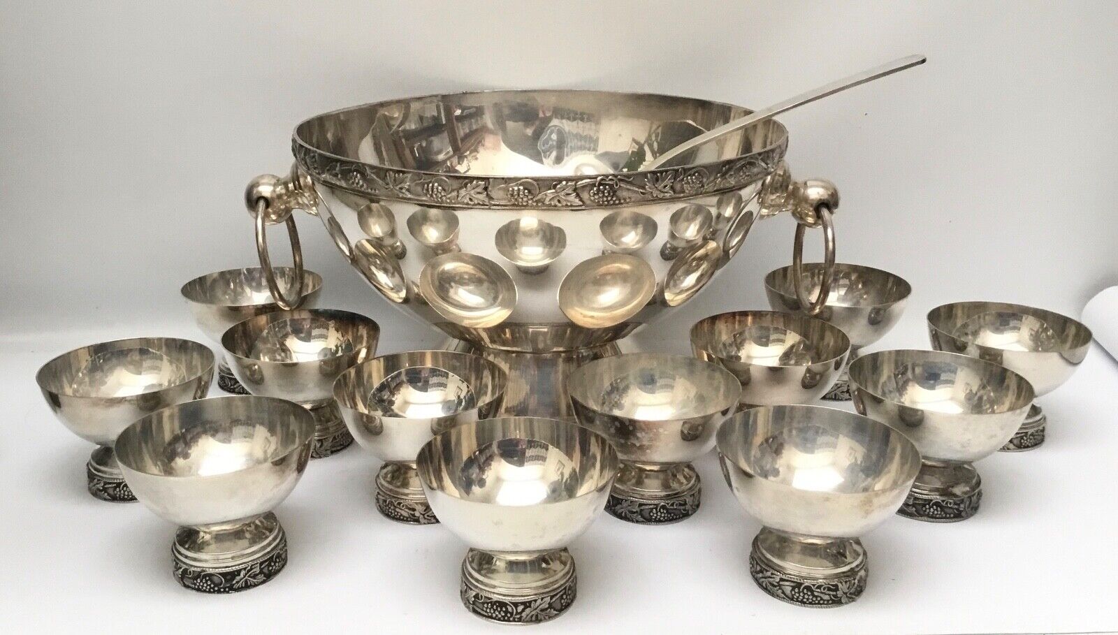 VTG Large Silverplate Grapevine Punch Bowl W/ 12 Cups and Ladle