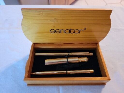 Vtg Womans Senator Fountain and ballpoint Pen, Perfume set in Original Wood box 