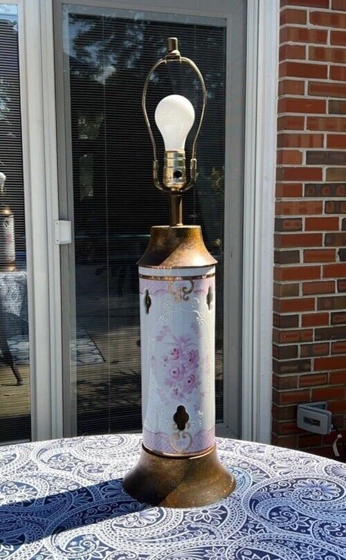 Vintage Metal and Porcelain White and Pink Decorative Aged Lamp