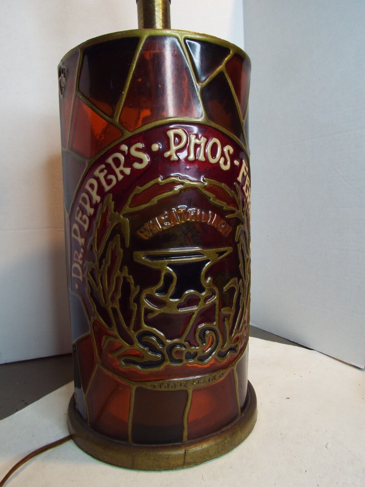 DR PEPPER\'S PHOS FERRATES 3 Way Table Lamp VTG 1960s Stained Glass Appearance