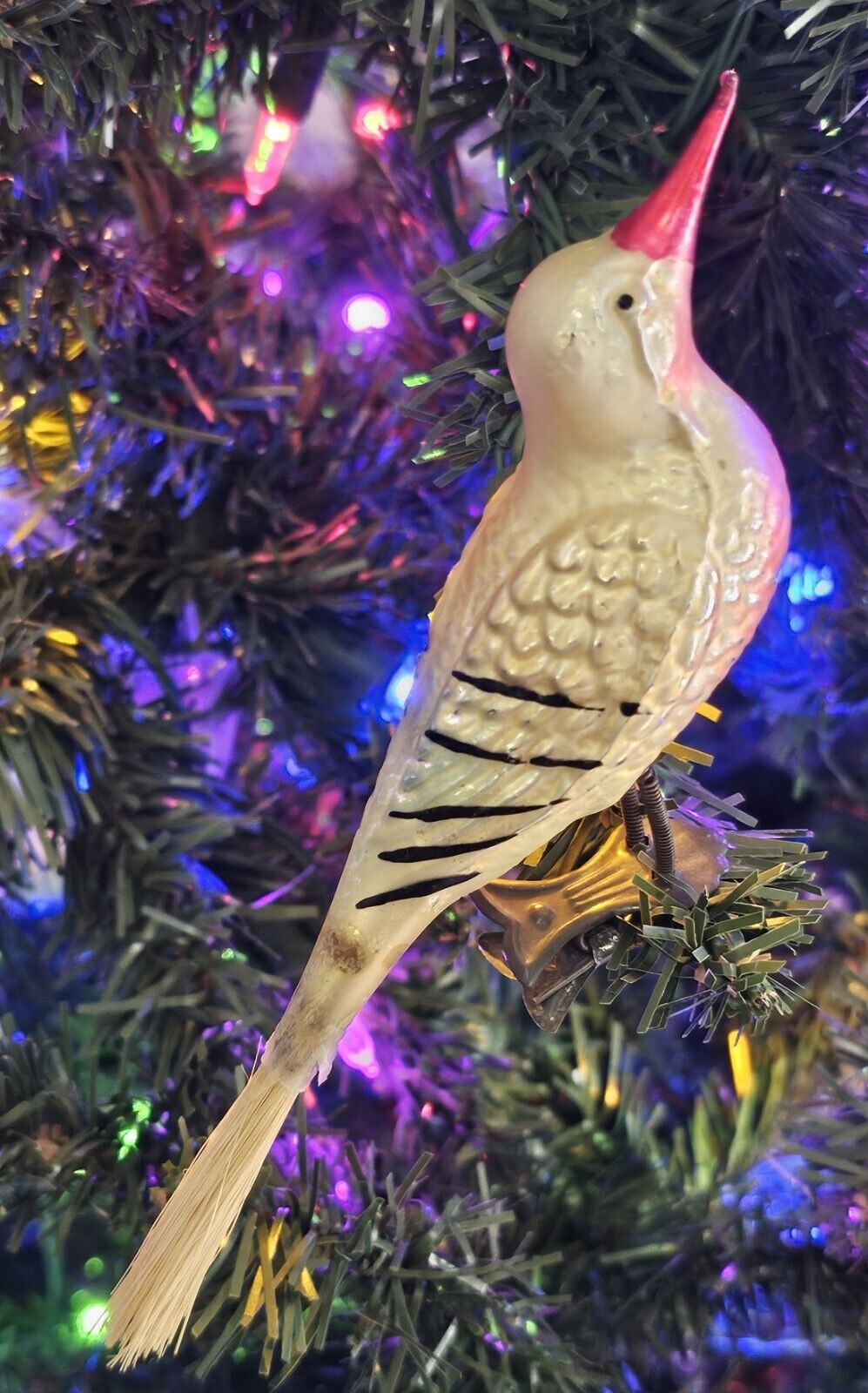 Antique Blown Glass Clip On Bird Spun Tail Christmas Ornament Germany Dresden 7\