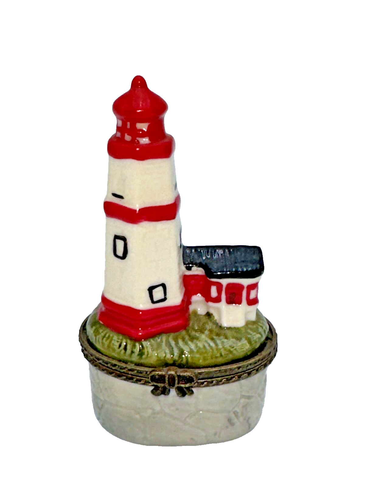 Vintage Trinket Box Ceramic Lighthouse Gloss Finish 3 inches Tall White and Red