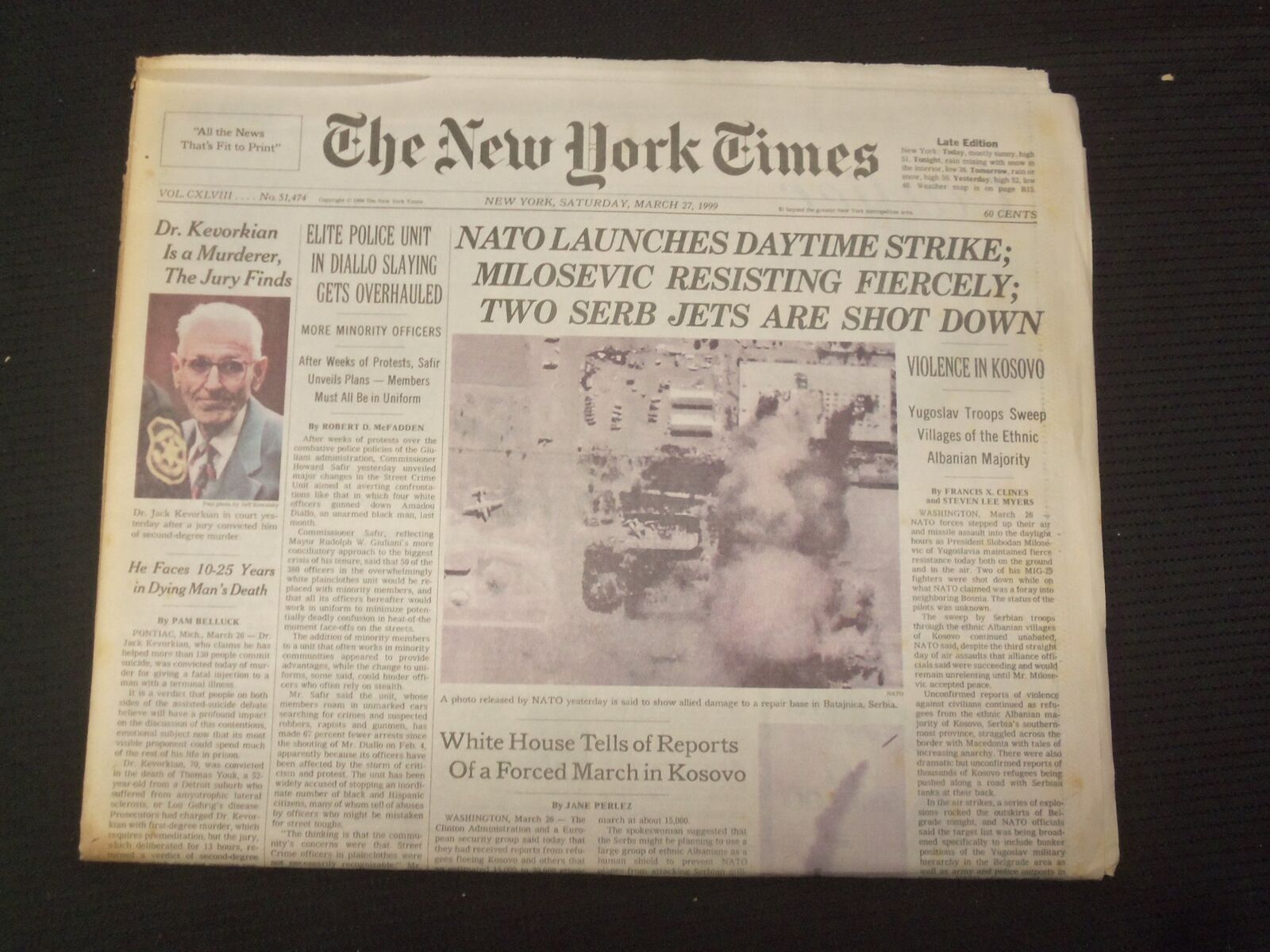 1999 MAR 27 NEW YORK TIMES NEWSPAPER -NATO LAUNCHES STRIKE, 2 SERB JETS- NP 6972