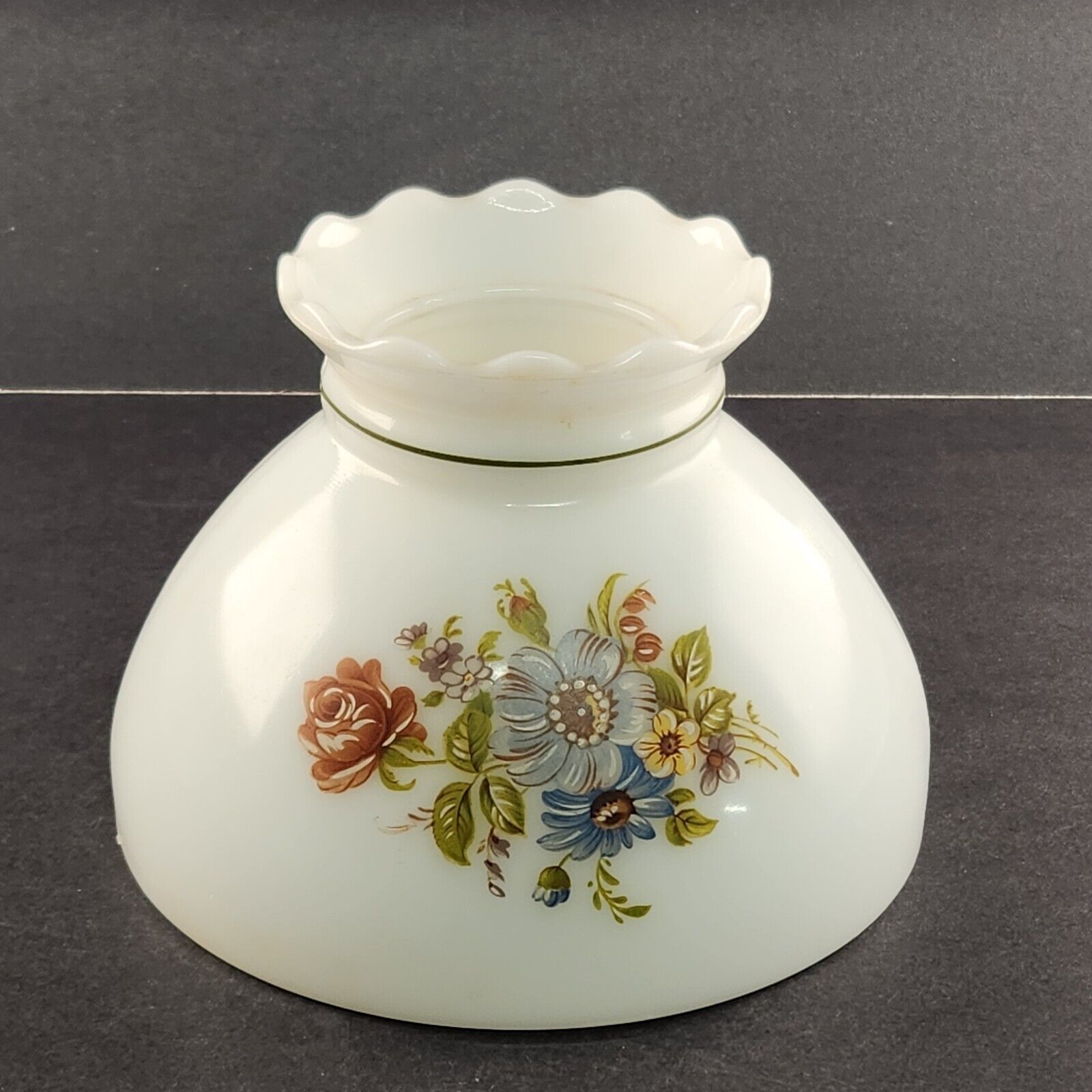 White Milk Glass Hurricane Parlor Lamp Shade w/ Floral Design Vintage 7.5\