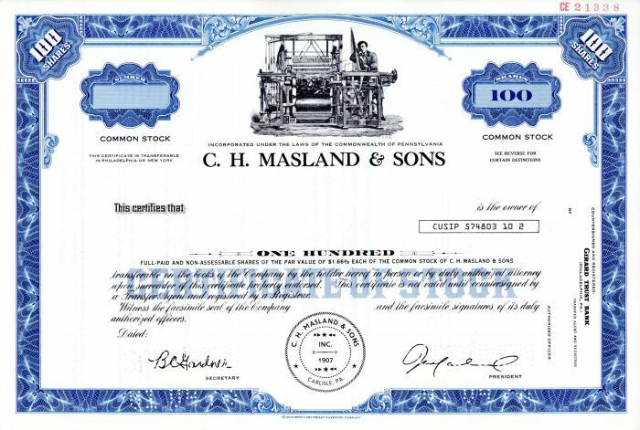 C.H. Masland and Sons - Specimen Stock Certificate - Specimen Stocks & Bonds