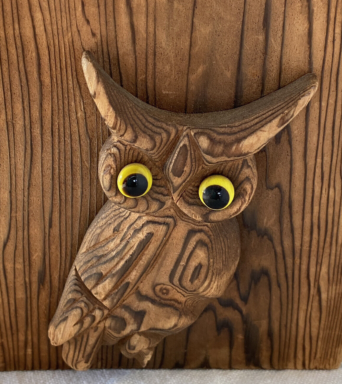 1960s Carved Wood Owl Bookends Glass Eyes Metal Stand 5x5 Inch MCM Boho Nature