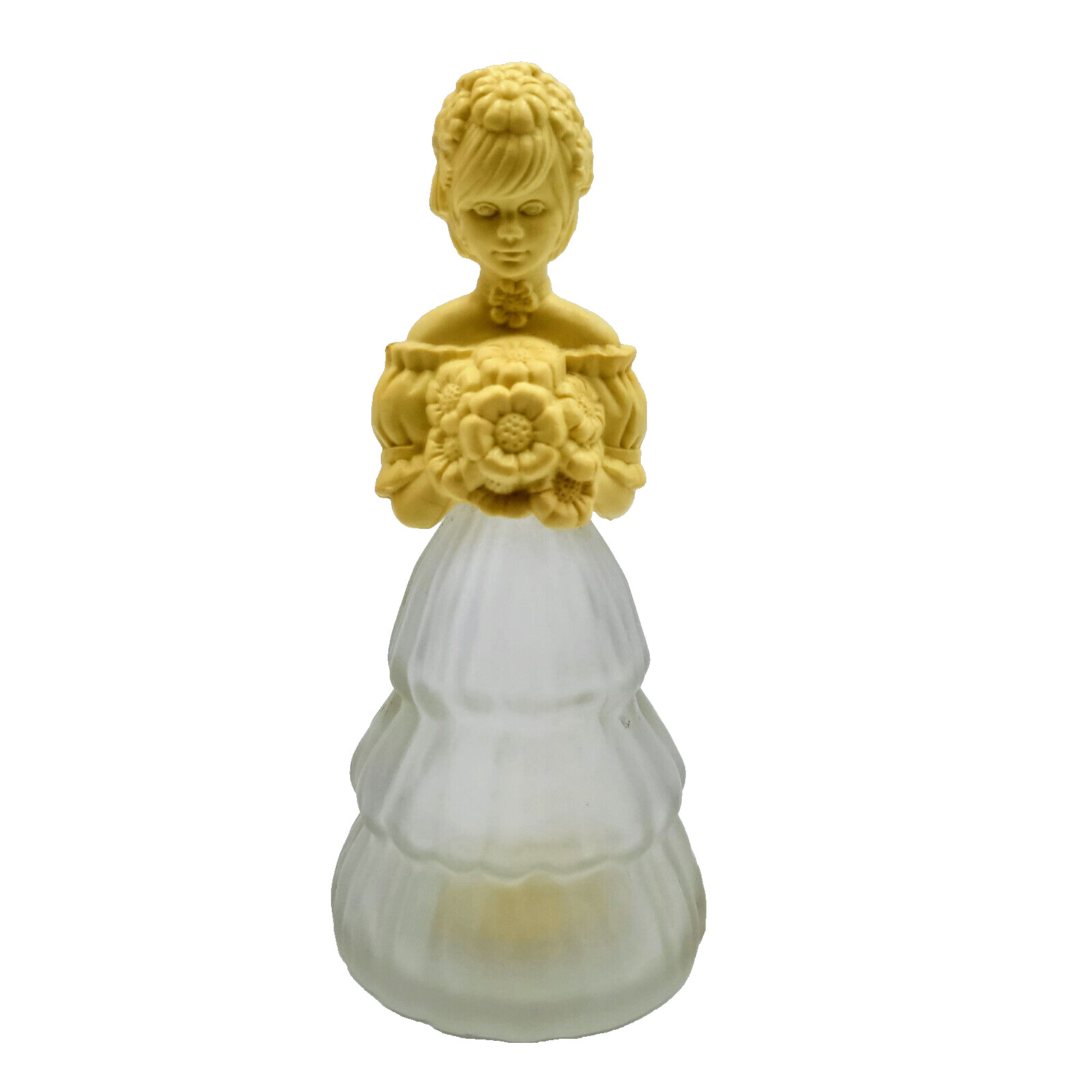 Vintage Avon Figurine Garden Girl Perfume Cologne Empty Yellow Frosted Bottle