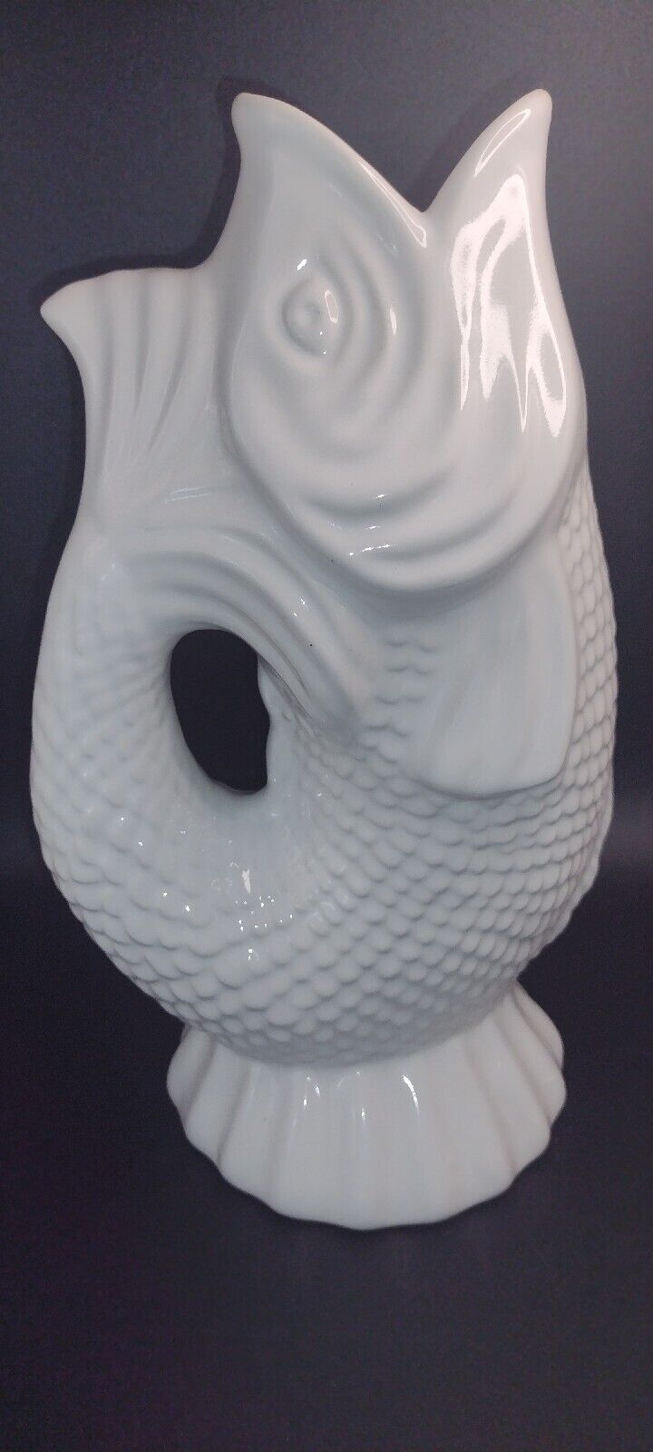 Portugal Pottery Jug Fish Pitcher Vase Ceramic White VTG Does Not Gurgle