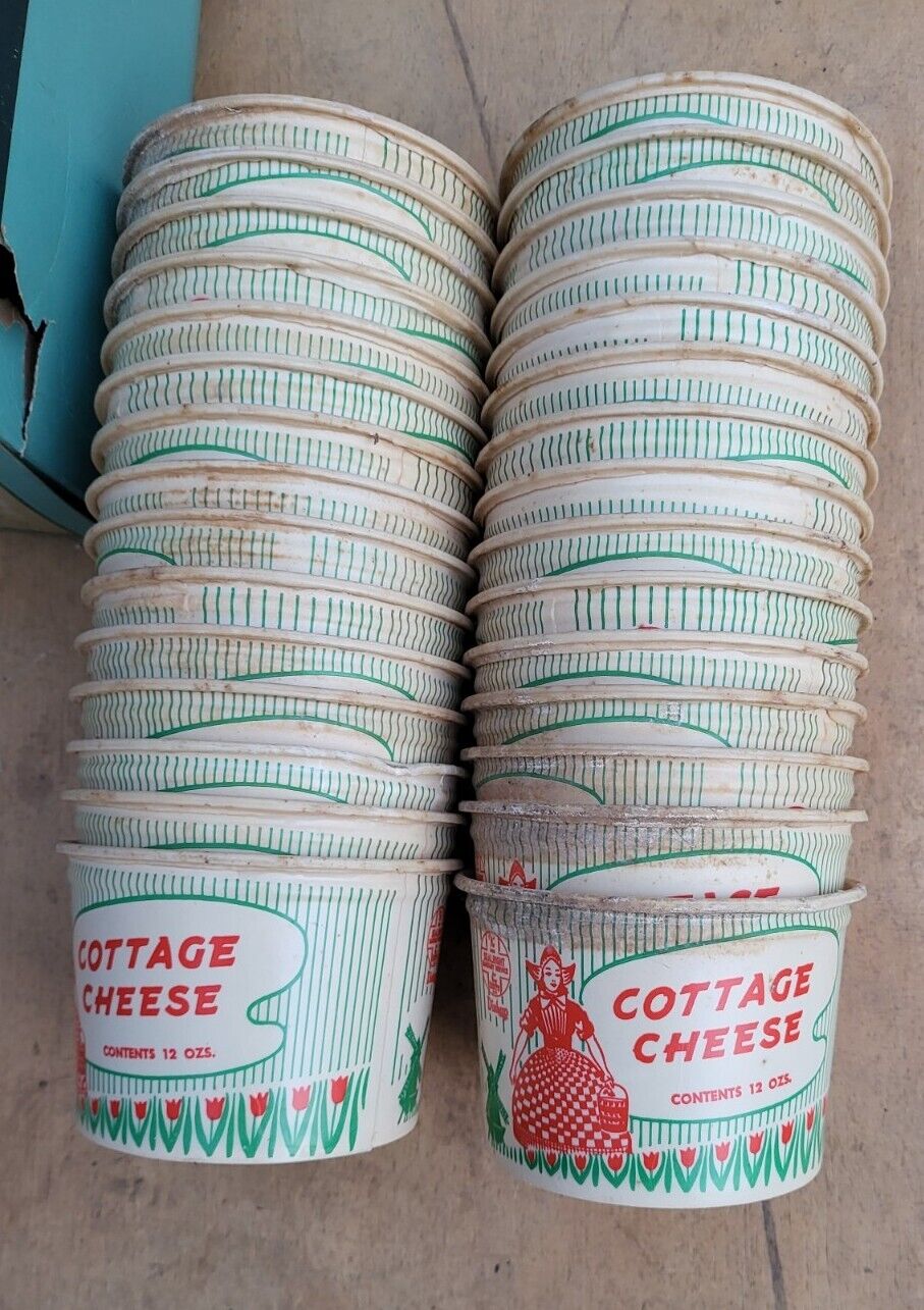 Lot of 30 Vintage Waxed Cottage Cheese Container Dutch Girl Tulips NOS