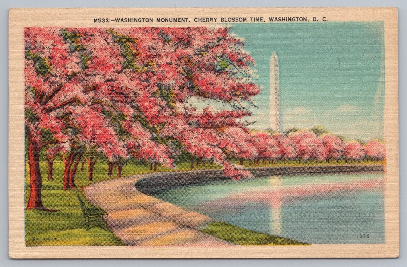 Washington DC Washington Monument Cherry Blossom Time Linen UNP Postcard
