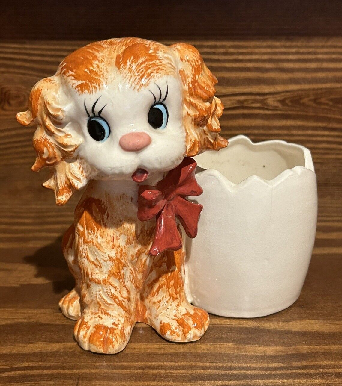 Vintage Puppy Dog Dark Pink Bow & Blue Eyes Ceramic Planter Japan KITSCHY CUTE