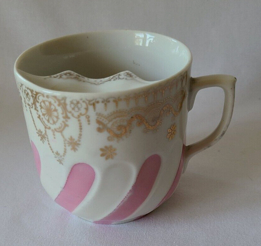 Vintage Mustache Mug Cup Porcelain White Pink Gold Handpainted
