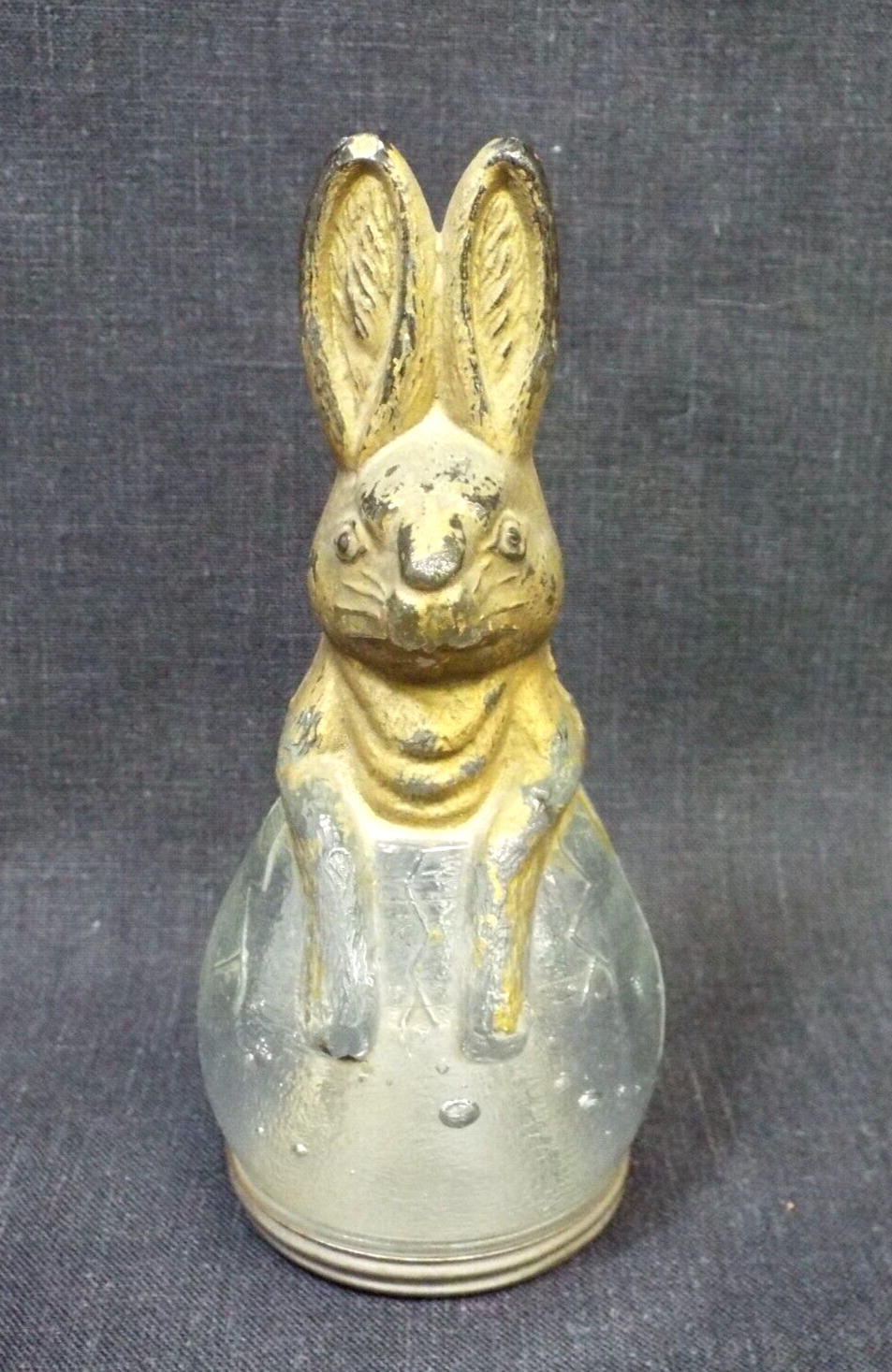 VTG Antique Victory Glass Rabbit CANDY BOX Container Easter Bunny Tin Lid Gold