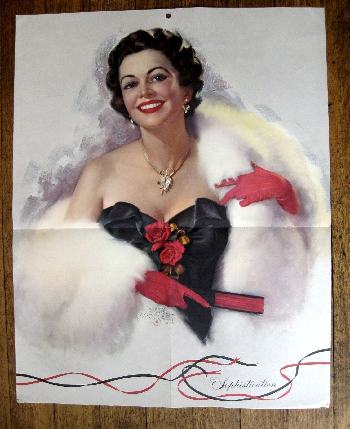1950s Large Zoe Mozert Pinup Girl Picture Sophisticated Brunette in White Fur