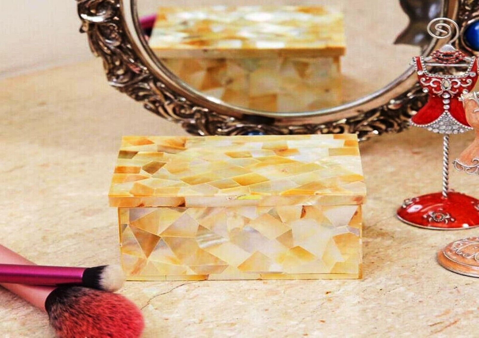 Mother of Pearl Random Work Jewelry Box Rectangle White Marble Decorative Box