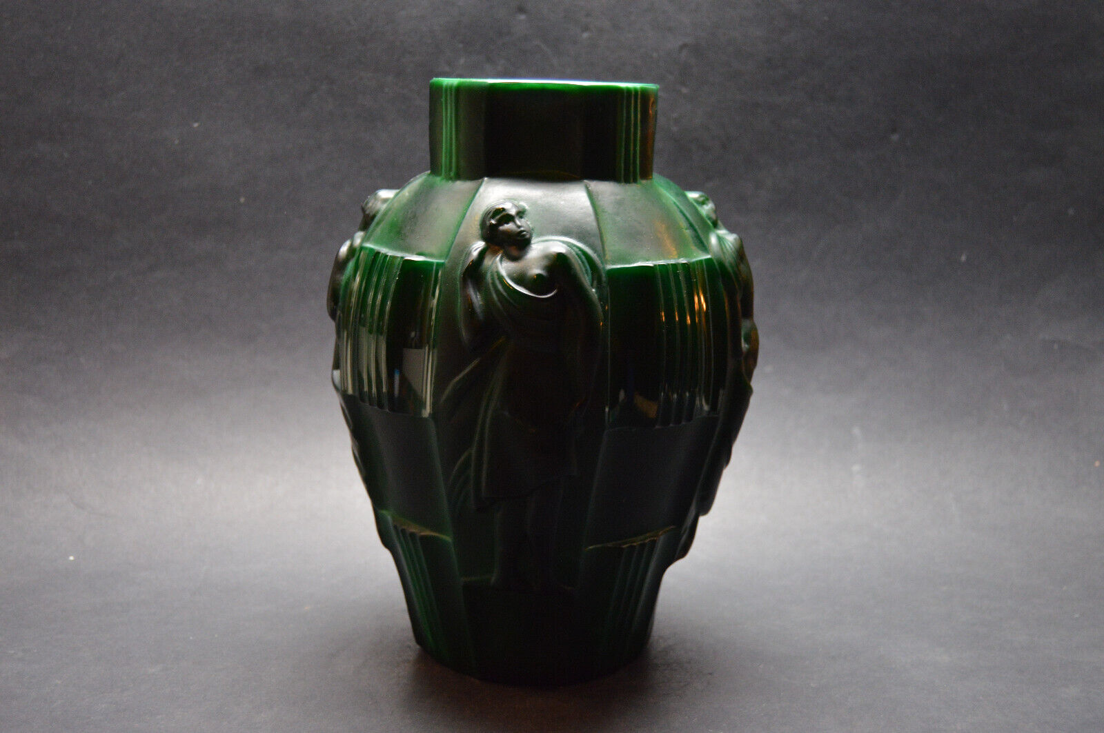 Antique Czech Art Deco Malachite Glass Vase with Danci Figures's, Curt Schlevogt