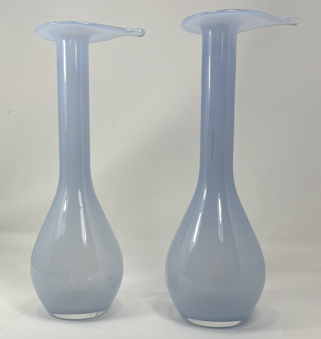 Pair of Pale Blue Hand Blown Art Glass Vases - Jack in the Pulpit