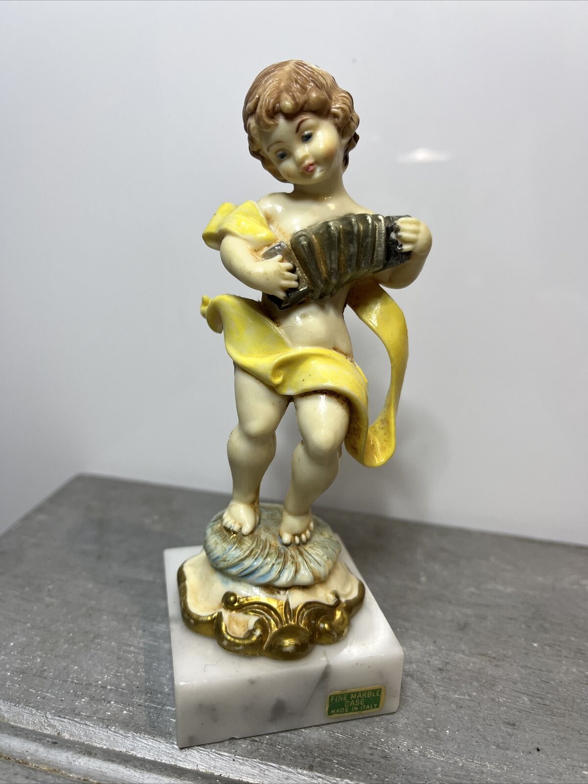 Angel Cupid Playing Concertina with fine Marble Case Made in Italy Figurine Rare
