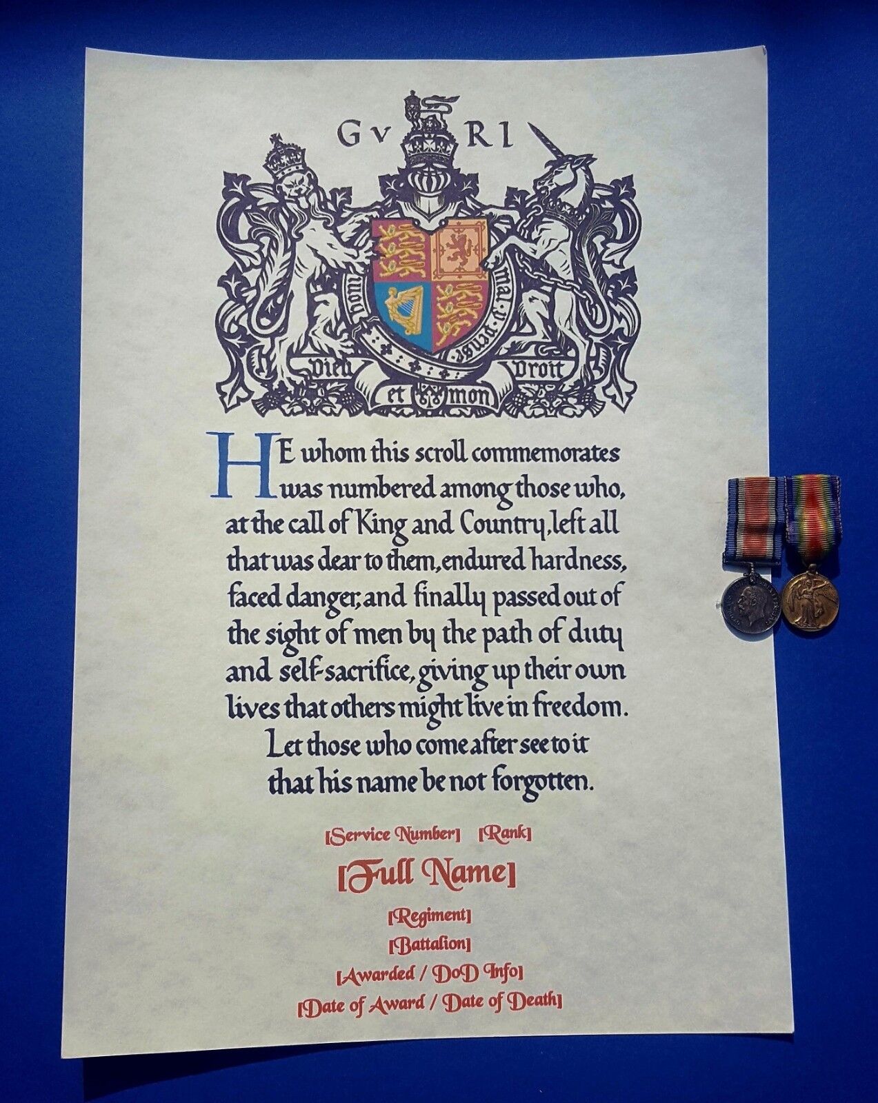 WW1 Memorial Scroll Certificate - presented to the next of kin