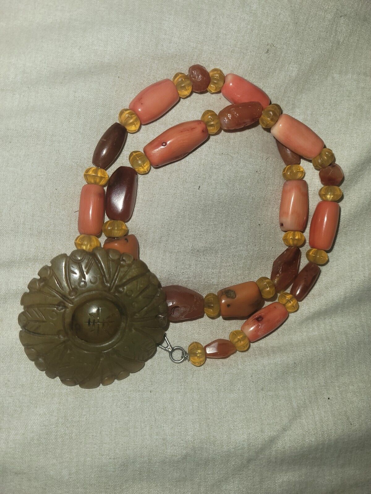 Antique  Mediterranean Coral,Ancient Carnelian,Necklace w/Hetian Jade Pendant..