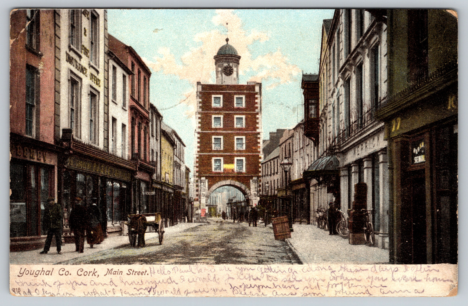 c1900s Youghal Clock Tower Main Street View Cork Ireland Irish Vintage Postcard