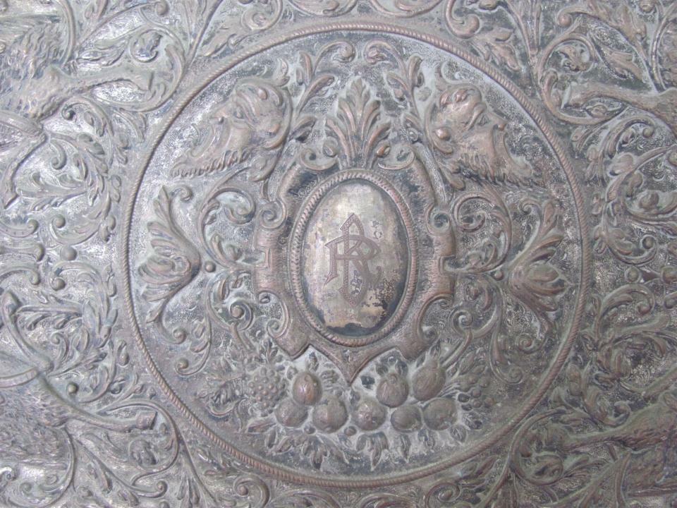1700S ANTIQUE LARGE SILVER PLATED ENGRAVED MARKED WALL PLAQUE V.RARE