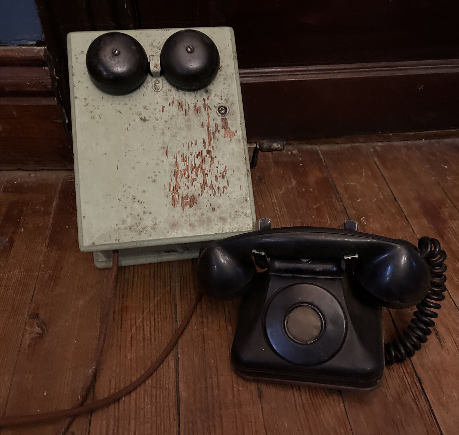 1938 ANTIQUE WESTERN ELECTRIC F1W TELEPHONE WOOD OAK BOX GREEN WALL MOUNTED VTG