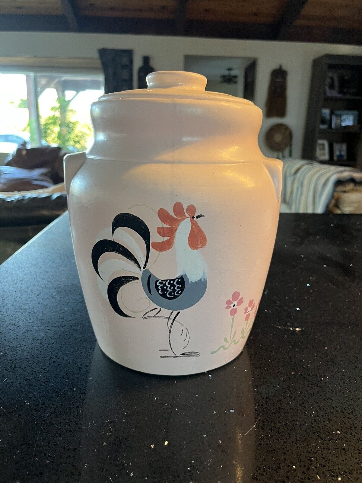Arthur J. Ransburg 1940\'s 10”x8”Stoneware hand-painted Rooster jar.