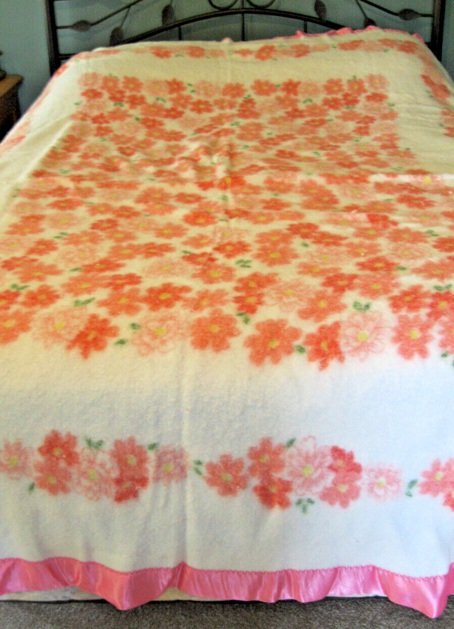 Vintage Satin Edge Blanket with Pink Flowers  VG