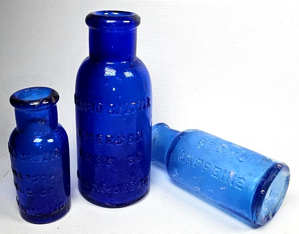 Lot of 3 Embossed Cobalt Blue Medicine Bottles Quack Cure Bromo Remedy 1890s