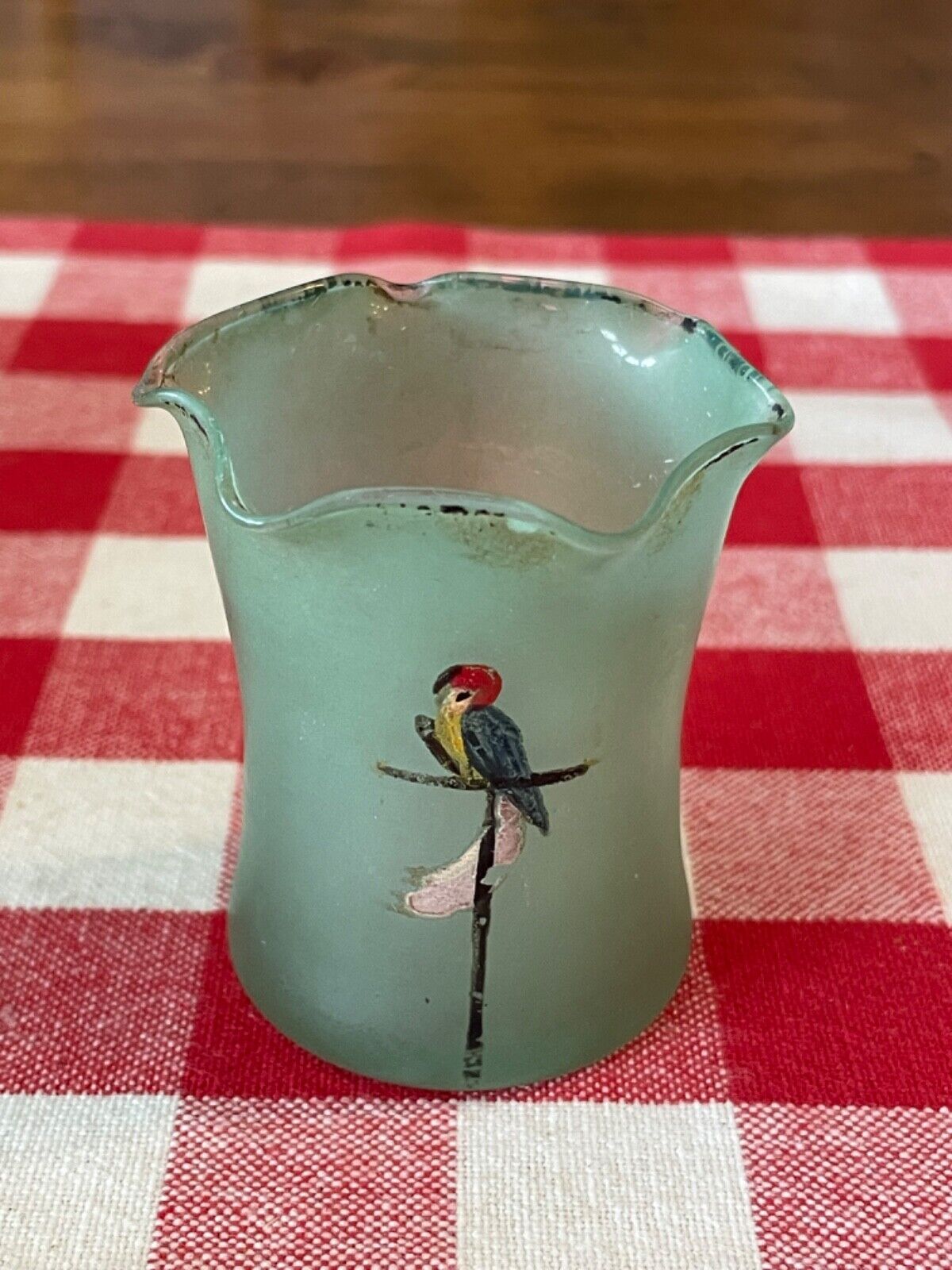 Antique Frosted Green Glass Toothpick Holder with Hand Painted Parrot