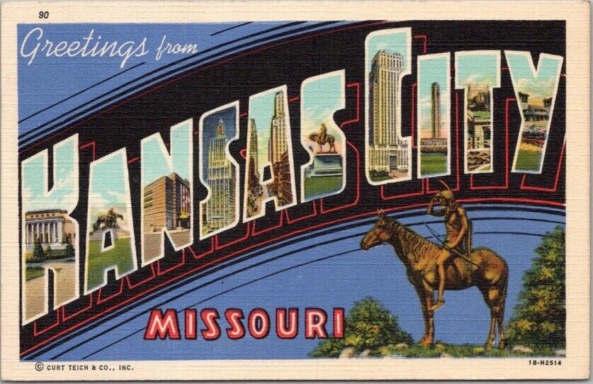 Vintage KANSAS CITY Missouri Large Letter Postcard Curteich Linen c1941 - Unused